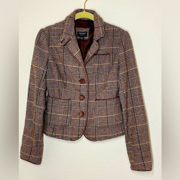 American Eagle blazer jacket wool plaid XS brown with elbow patches - Picture 1 of 13
